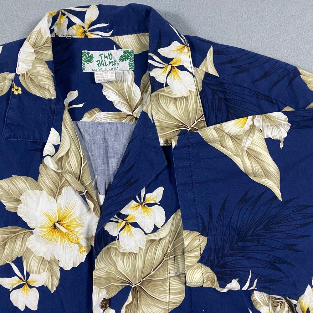 Two Palms Mens Hawaiian Shirt XL Navy Blue Floral Hibiscus Cotton Made in Hawaii